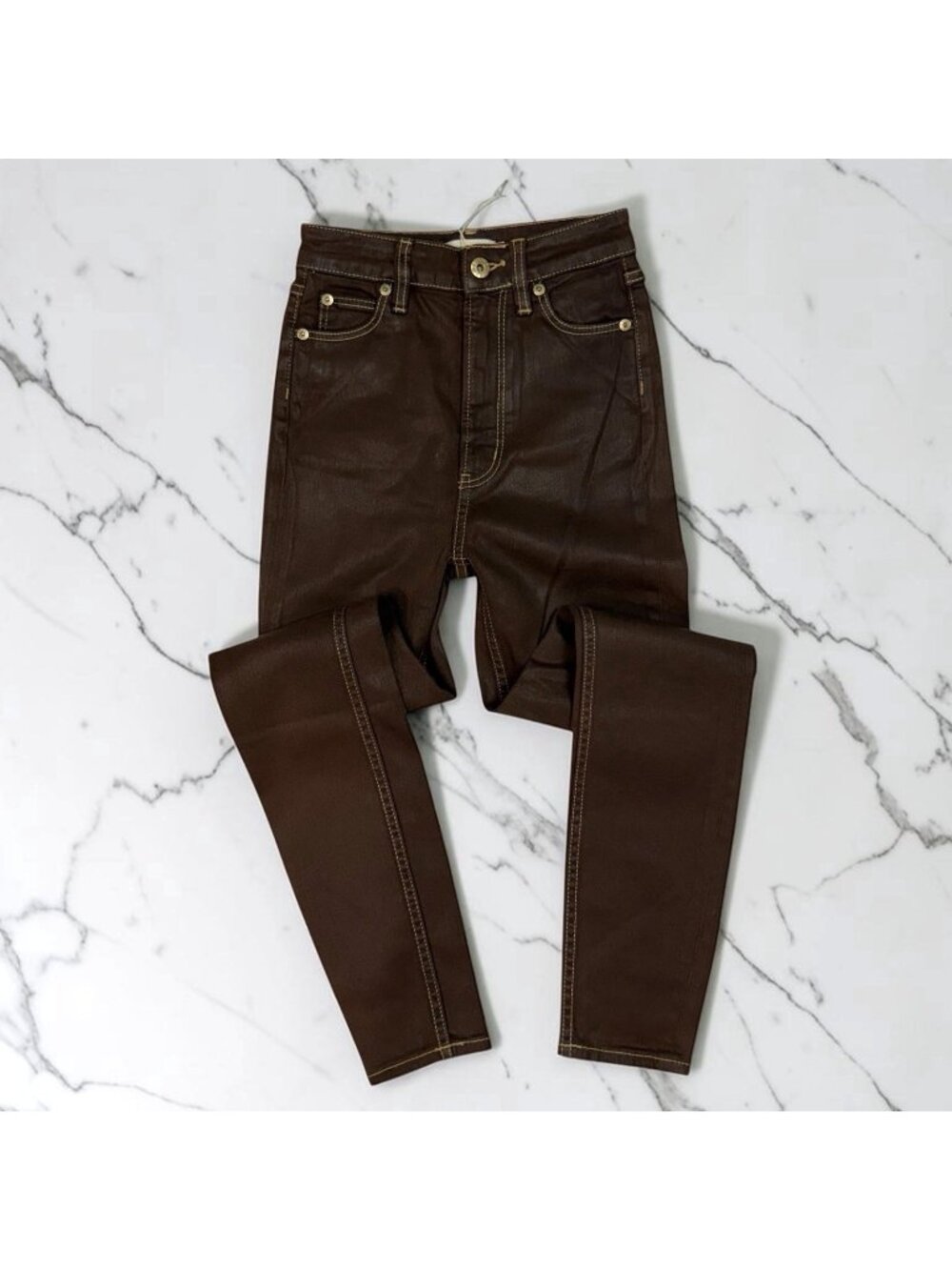 Studio R330 Saitex Denim Skinny Jeans Size 23 Waist Brown Coated Waxed High Rise